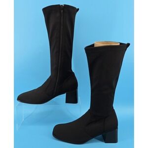 Vtg Fanfares Tami Knit Sock Boot Womens 8 Black Chunky Block Heel Mid Calf Y2K